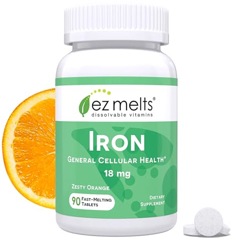 EZ Melts Iron - Supplement for Daily Energy & Iron Support - with Vitamin C - No Artificial Flavors - Non-GMO & Vegan - Zesty Orange - 90 Dissolvable Tablets (90 Servings)