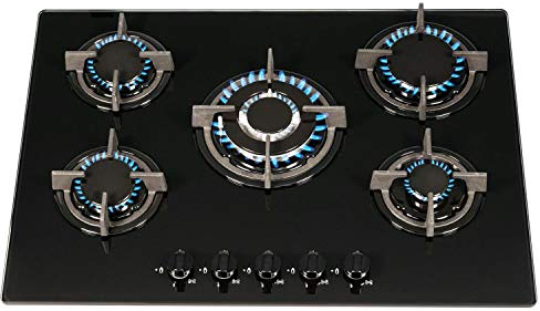 SIA GHG703BL 70cm Black Glass 5 Burner Gas Hob With Iron Pan Stands & Wok Burner