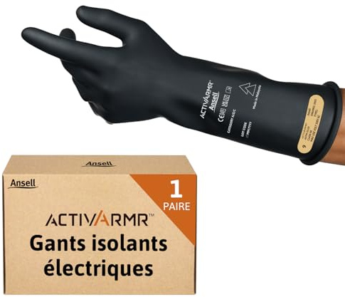 Ansell ActivArmr Elektriker-Schutzhandschuhe, Elektroschutz Klass 00 (500V), Elektrisch Isolierende Gummihandschuhe, Professionelle Arbeitshandschuhe 36cm, Schwarz, Größe 2XL (1 Paar)
