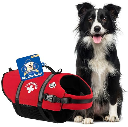 Paws Aboard Dog Life Jacket - Swimming Vest for Dogs, Adjustable, Reflective, Comfortable, Multiple Colors, Patterns, XX-Small to Extra Large Dog Swim Vest with Handle (Red, Medium)