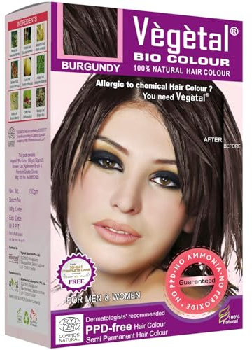 Vegetal Bio Colour Burgundy 150g, 100% Herbal and Organic Hair Color, Ammonia-Free, PPD-Free, Semi-Permanent Dye for Men and Women, Protects UV and Maintains Luster, Complete Kit Included