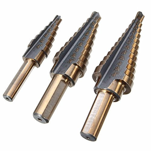 Preamer 3 piezas HSS paso cono de titanio brocas escalonadas para metal, 3/16-1/2, 1/4-3/4, 3/16-7/8