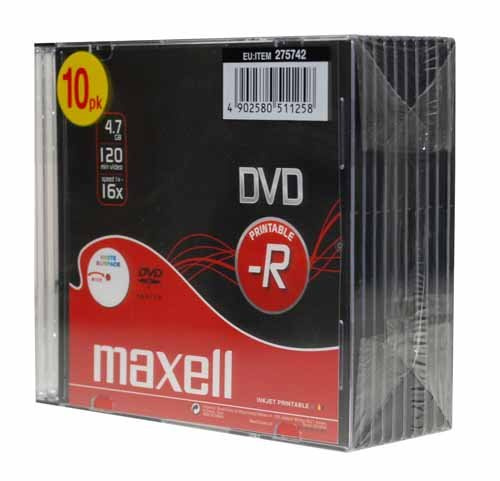 Maxell 4.7GB 16X DVD-R with Jewel Case - White (Pack of 10)