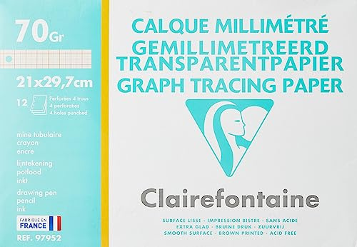 Clairefontaine 97952C - Pochette per Disegno scolastico - 12 Fogli Carta da lucido millimetrata altamente trasparente - A4 21x29,7 cm 70/75g - Ideale per il Disegno tecnico