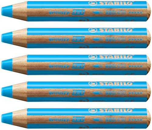 STABILO - Buntstift, Wasserfarbe & Wachsmalkreide - woody 3 in 1-5er Pack - cyanblau