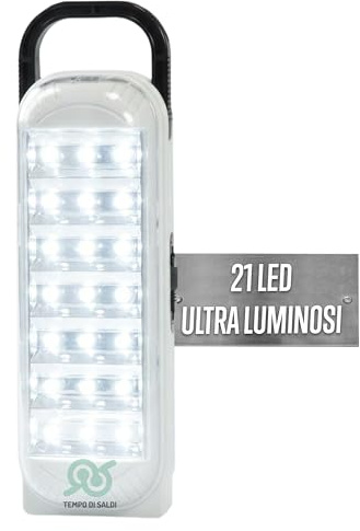 Tempo di Saldi Lampada Emergenza Led Ricaricabile 21 LED 220 V con Cavo di Alimentazione e Accensione Manuale - Lampada Emergenza Portatile per Casa, Campeggio e Garage - Classe Energetica A