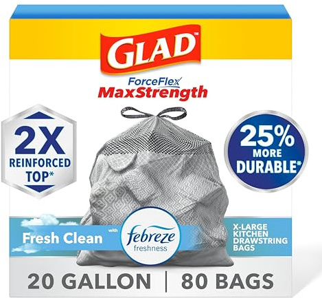 Glad ForceFlex MaxStrength XL Kitchen Trash Bags, 20 Gal, Fresh Clean, 80 Ct (Package May Vary)