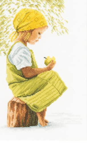 Lanarte Kreuzstich Stickpackungen Gezählter Kreuzstichbilder Set MÄDCHEN MIT APFEL Wanddekoration Handarbeit Set für Erwachsene 20 x 30 cm DIY Deko Bastelset Handwerker Kreative Geschenkset