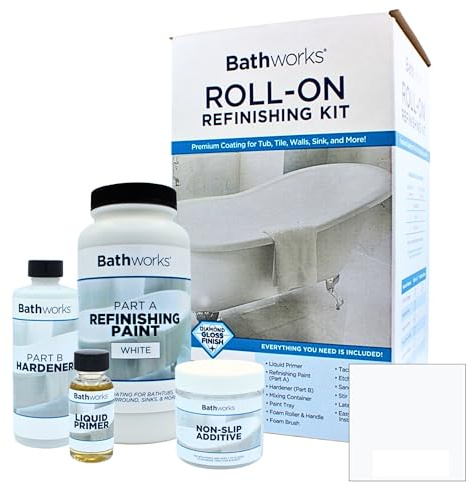 Bathworks Roll-On Refinishing Kit with Non-Slip Additive - 22 fl oz, High Gloss White, Professional-Grade DIY Coating with Tools Included - Durable Non-Yellowing Finish for Bathtubs, Tile, Sinks, & Showers