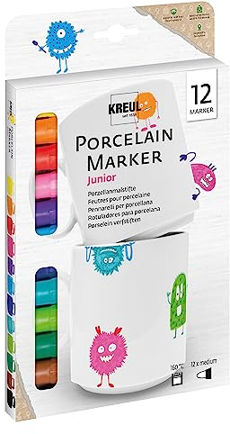 KREUL 16350 - Porcelain Marker medium Junior 12er Set - Monstermäßiges Farben-Set mit Porzellanmalstiften, mit denen Kinder ohne Schütteln und Pumpen sofort los malen