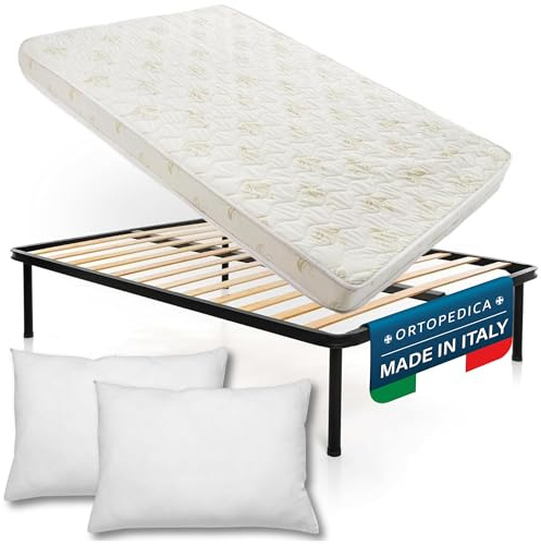 DOLCI SOGNI Set Rete Letto Matrimoniale 140x190, Rete e Materasso Matrimoniale Alto 14 cm e 2 Cuscini Omaggio, Rete Matrimoniale 140x190 e Materasso Waterfoam 100% Made in Italy