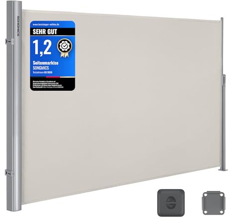 SONGMICS Alu-Seitenmarkise, ausziehbar, 200 x 300 cm, Sichtschutz, Sonnenschutz, blickdicht, Seitenrollo, für Balkon, Terrasse, Garten, beige GSA200E
