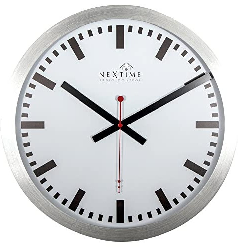 NeXtime Reloj de pared - Estación de trenes STATION RCC, muy silencioso, radiocontrolado, blanco, redondo, ø 35 cm