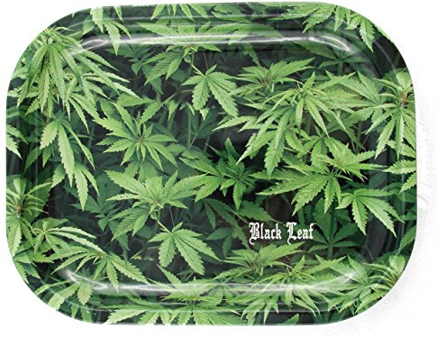Black Leaf' Rolling Tray Hemp - Hanfblätter - 180x140x16mm, Bröselschale, Mischeschale | Blätter - Black Leaf' Rolling Tray als dekorative Drehunterlage aus stabilem Metall. - Print: Black Leaf-Logo