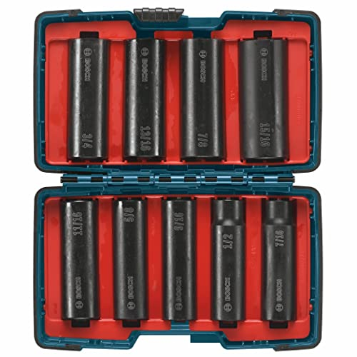 Bosch 27286 - Juego surtido de 9 piezas con vástago de 1/2 pulgada con caja resistente a impactos para aplicaciones en conducción y fijación de alto par