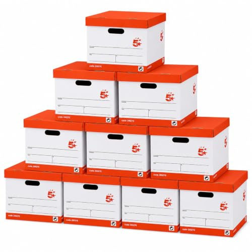 5 Star Archive Boxes with Lids and Handles (10 Pack), 321x392x291mm Red/White Storage Box Strong Cardboard Storage Solution