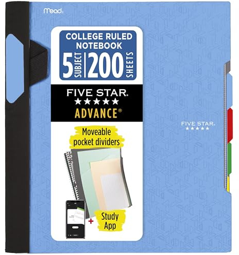 Five Star Spiral Notebook + Study App, 5 Subject, College Ruled Paper, Advance Notebook with Spiral Guard, Movable Tabbed Dividers and Expanding Pockets, 8-1/2 x 11, 200 Sheets, Blue (73150)