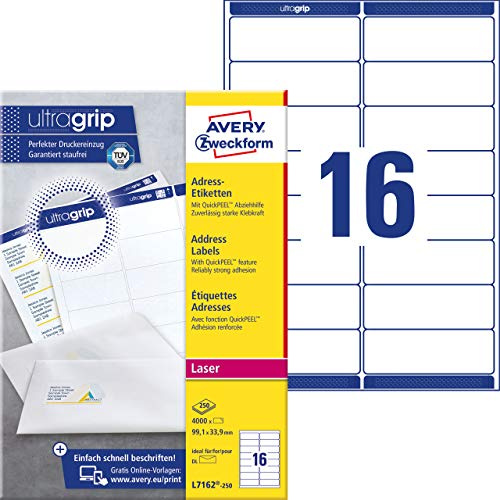 AVERY Zweckform L7162-250 Adressetiketten/Adressaufkleber (4.000 Etiketten mit ultragrip, 99,1x33,9mm auf A4, bedruckbar, selbstklebend, für DIN lang Briefkuverts, Papier matt) 250 Blatt, weiß