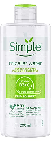 Simple Kind to Skin Cleansing Water Micellar 90% hydration boost facial cleanser and makeup remover, 200ml