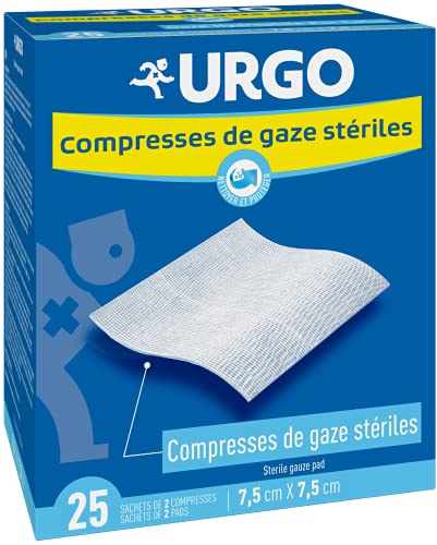 Urgo - Compresses de gaze stériles - Absorption - Boîte de 25 sachets de 2 compresses - 7,5cm x 7,5cm