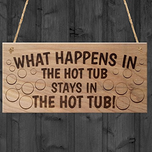 Red Ocean What Happens In The Hot Tub Stays In The Hot Tub Funny Wooden Plaque Hanging Sign Gift