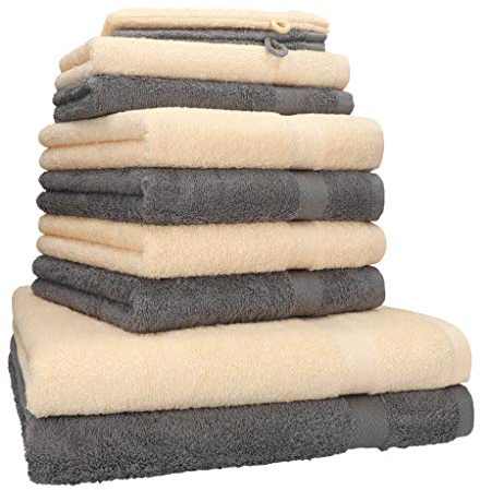 Betz 10-TLG. Handtuch-Set Premium 100% Baumwolle 2 Duschtücher 4 Handtücher 2 Gästetücher 2 Waschhandschuhe Farbe Beige & Anthrazit