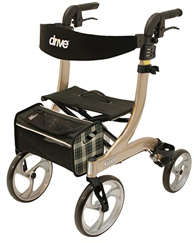 Drive Medical Rollator NITRO in Größe S & Farbe Champagner I für Indoor & Outdoor mit Gepäcknetz, Stockhalter & Ankipphilfe I Gepolsterte Rückenlehne, ergonomische Griffe & kein Montageaufwand