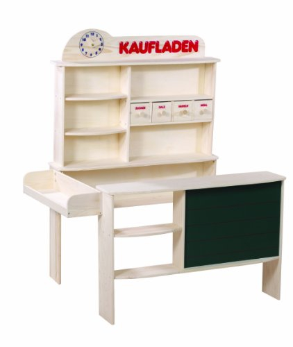 roba Kaufladen für Kinder aus Holz natur - Verkaufsstand & Kaufmannsladen mit 4 Schubladen, Uhr, Tafel, Theke & Seitentheke