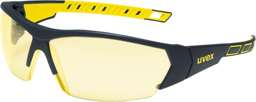 Uvex i-works Schutzbrille, Arbeitsschutzbrille mit supravision excellence Technologie, kratzfest & beschlagfrei, UV400-Schutz, Schwarz-Gelb/Amber