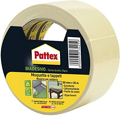 Pattex Nastro Biadesivo, Nastro per Moquettes, Tappeti e Altre Pavimentazioni, Potere Adesivo, 50 mm X 25 m