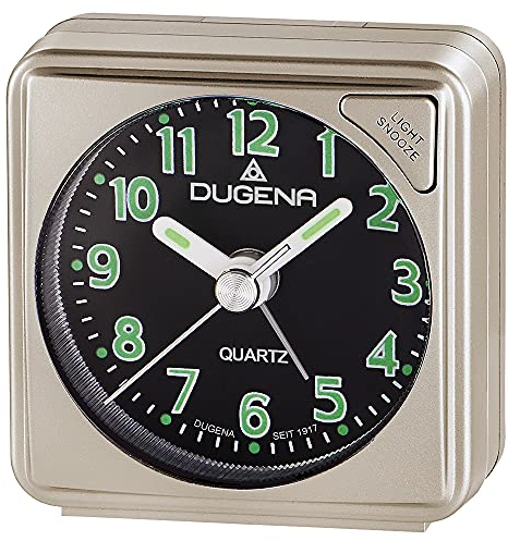 Dugena Quarz-Reisewecker, mit Weckzeiger, Weckwiederholung, Zifferblattbeleuchtung, ansteigendes Wecksignal, Maße 55 x 57 x 30 mm, inklusive Batterie (Bronze/schwarz/weiß)