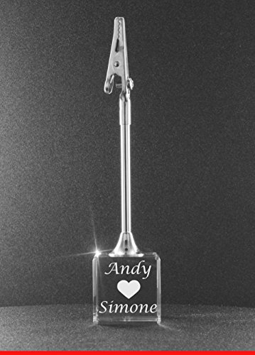 VIP-LASER 2D Gravur Glas Kristall MEMOCLIP Zettelhalter mit Deinen Namen und von Deinem Partner mit einem Herz für die Ewigkeit Mitten in Glas!