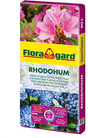 Floragard Rhodohum 40 L, Spezialerde für Rohododendron, Azaleen und andere Moorbeetpflanzen, auch für Blaubeeren