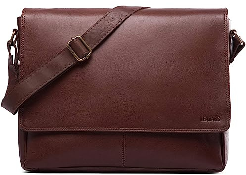 LEABAGS Messenger Bag, Oxford Echtleder Umhängetasche Herren Ständiger Begleiter, Leder Laptoptasche bis 15 Zoll Ausreichend Platz, Umhängetasche mit Schultergurt Begleiter Zur Arbeit
