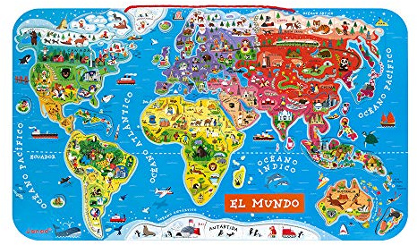Janod - Puzzle Carte du Monde Magnétique en Bois - 92 Pièces Aimantées - 70 x 43 cm - Version Espagnole - Jeu éducatif dès 7 ans, J05503