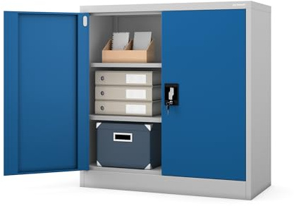 Jan Nowak Aktenschrank Büroschrank Metall, abschließbar, 93x90x40 cm | Ordnerschrank für 25 Ordner, 2 verstellbare Fachböden je 50 kg, 3-Punkt-Schloss, 2 Schlüssel, Stahl 0,6 mm, Wandmontage