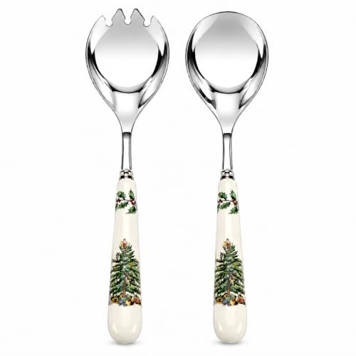 Spode Christmas Tree Salad Server Set (2-Piece) - 10 Inch Stainless Steel with Porcelain Handles, Festive Flatware for Holiday Dining - Dishwasher Safe, Seasonal Entertaining & Gift-Giving
