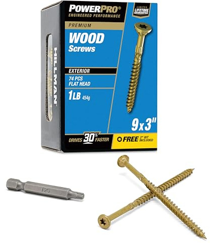 Power Pro Premium Exterior Wood Screws, #9 x 3 Inch All-Purpose Deck Screws for Outdoor Projects, T-25 Star Bit Included, Bronze, 74 Pieces | 48600V4
