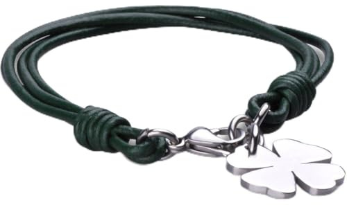 Feilok Fashion Unisex Leder Geflochtene Vier Blatt Klees Armband/Armreif, aus Edelstahl, Grün