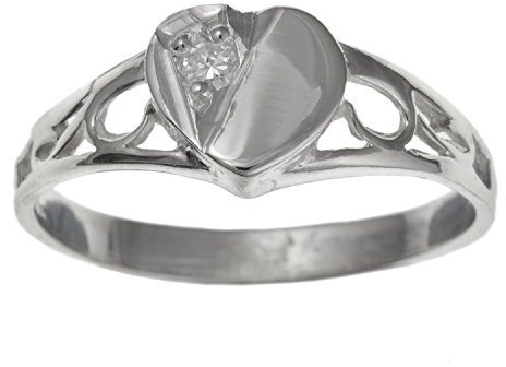 Childrens/Childs/Girls White/Clear Cubic Zirconia (CZ) Set Heart Signet Ring - 925 Sterling Silver - Size D