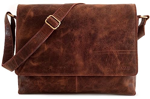LEABAGS Oxford Leder Schultertasche aus Büffelleder I Laptoptasche bis 15 Zoll im Vintage Look I Messenger Bag mit Schultergurt I Umhängetasche für Büro & Alltag I Vintage Cognac