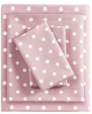 Intelligent Design Pink Full Size Sheet Sets Kids Polka Dot Sheets for Girls 100% Cotton Percale Soft Flat and Fitted Sheet, Pillowcase, Breathable All Season Bed Set, Fits up to 14 Mattress