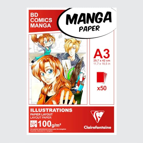 Clairefontaine - Ref 94043C - Manga layoutpapper för färgning limmad dyna (50 ark) - A3 (420 x 297 mm) storlek, 100 gsm papper, vit och slät, idealisk för markörer, blödningssäker