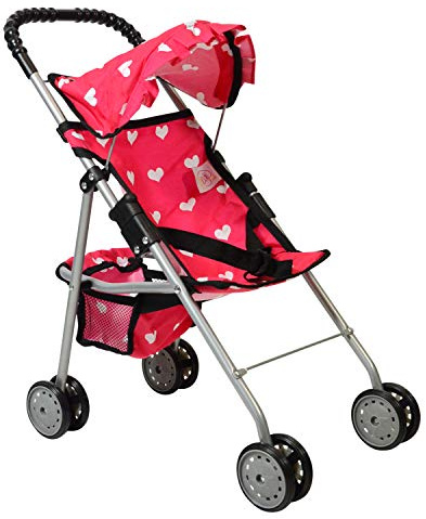 The New York Doll Collection My First Doll Stroller with Basket & Heart Design Foldable Doll Stroller, Pink