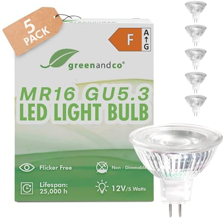 5x GU 5.3 MR16 LED 12V | ersätter 40 W | varmvitt 3000 K | 5W 430 lm | 38° Strålningsvinkel | Inget flimmer | COB-LED-glödlampa | ej dimbar