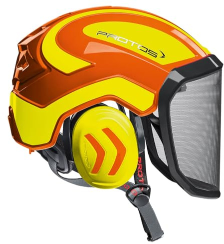 Protos integral arborist safety helmet, ear protection, features: fine visor, colour: orange/yellow