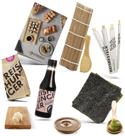 Reishunger Sushi Einsteiger Box inkl. Rezeptkarte – Komplett-Set | Original Japanische Zutaten: Sushi Reis, Bambusmatte, Sojasauce, Nori Algen, Wasabi, Ingwer, Essstäbchen