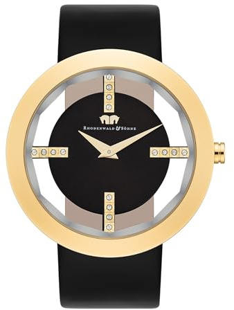 Rhodenwald & Söhne Lucrezia Damenuhr Edelstahl Gold 3 ATM verziert mit Kristallen Echtlederarmband - Fashion-Uhr Frauen Skeletonoptik