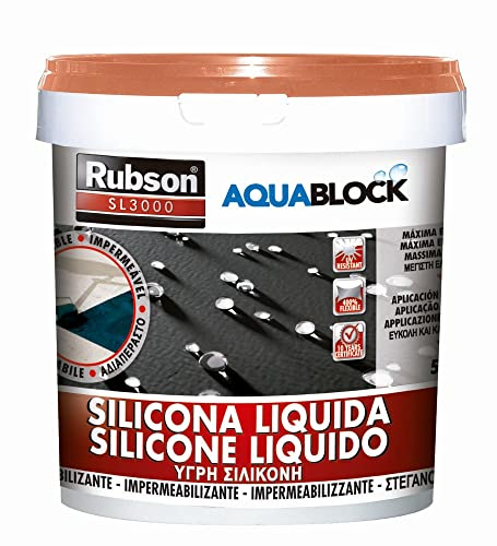 Rubson Aquablock Silicone Liquido SL3000, Facile e Sicuro da Usare, per Impermeabilizzazione e Riparazione di Tetti e Coperture Piani e Inclinati, Guaine, Fioriere, Terracotta, Secchio 5kg