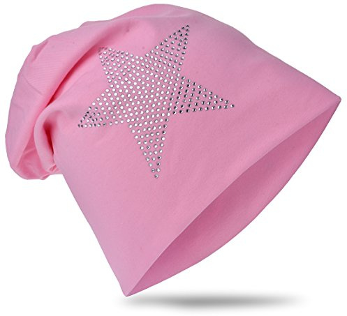 Miobo Kinder Slouch Beanie Mütze,Baumwolle,Strass Stern Rosa 54
